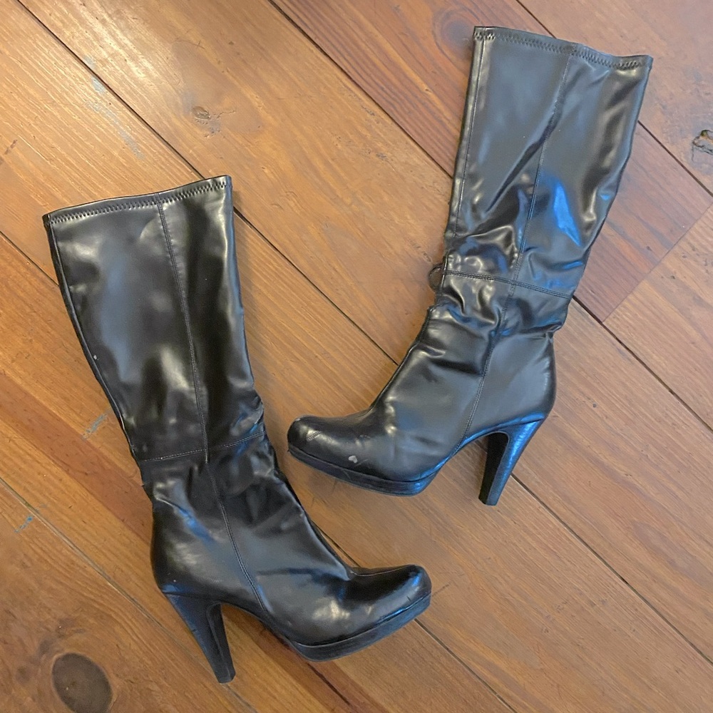 Black Platform “Lively” Zip-up Boots, in soft vegan stretchy patent leather…